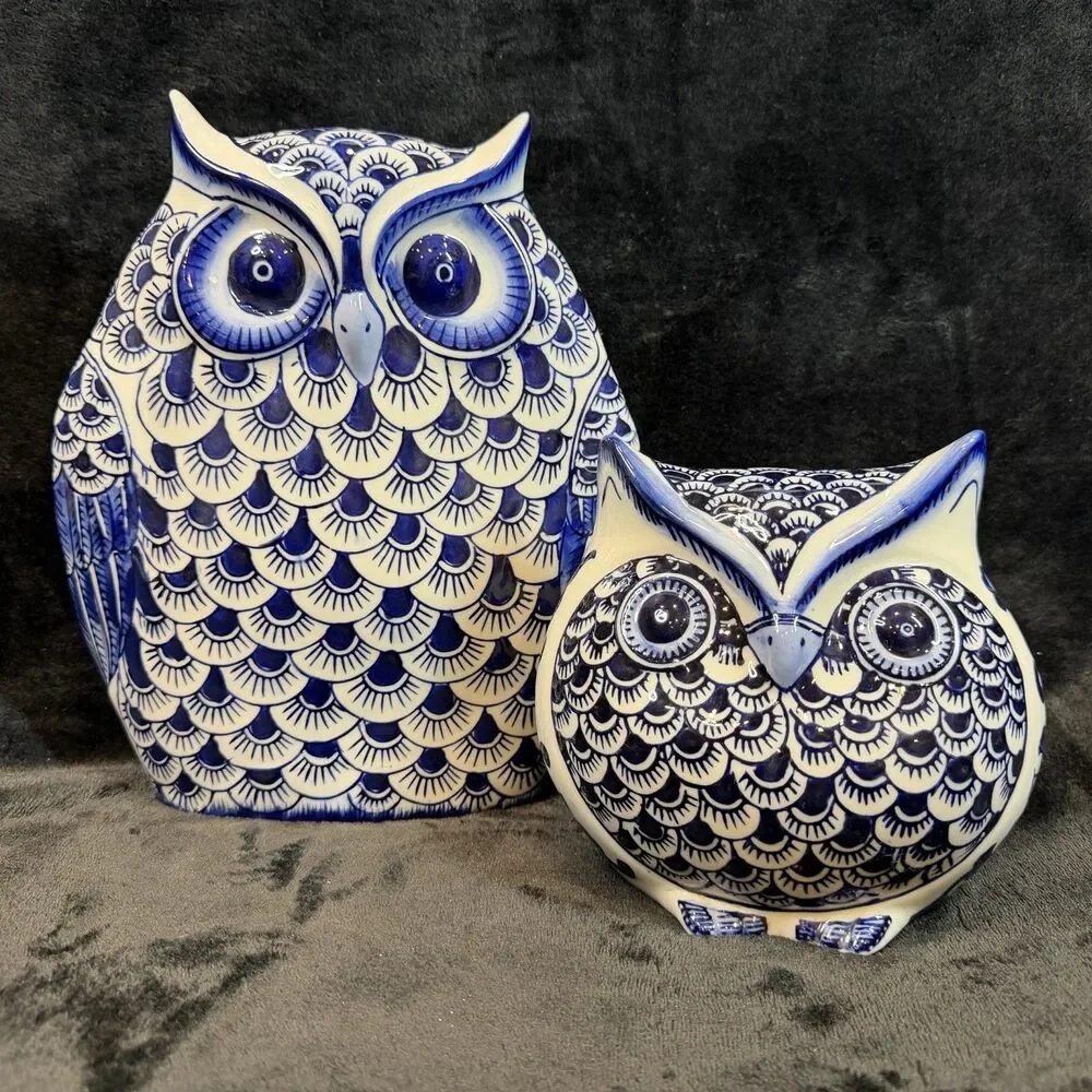 Pier 1 Imports Retired Chinoiserie Owl Decor Large Figurines Set of 2 Ceramic